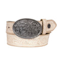 A stone coloured tooled leather Wrangler Zola Belt (XCP2918BLT) with a large, ornate silver toned engraved buckle, coiled on a white background.