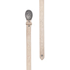 A stone coloured tooled leather Wrangler Zola Belt (XCP2918BLT) with a large, ornate silver toned engraved buckle, laid flat on a white background.
