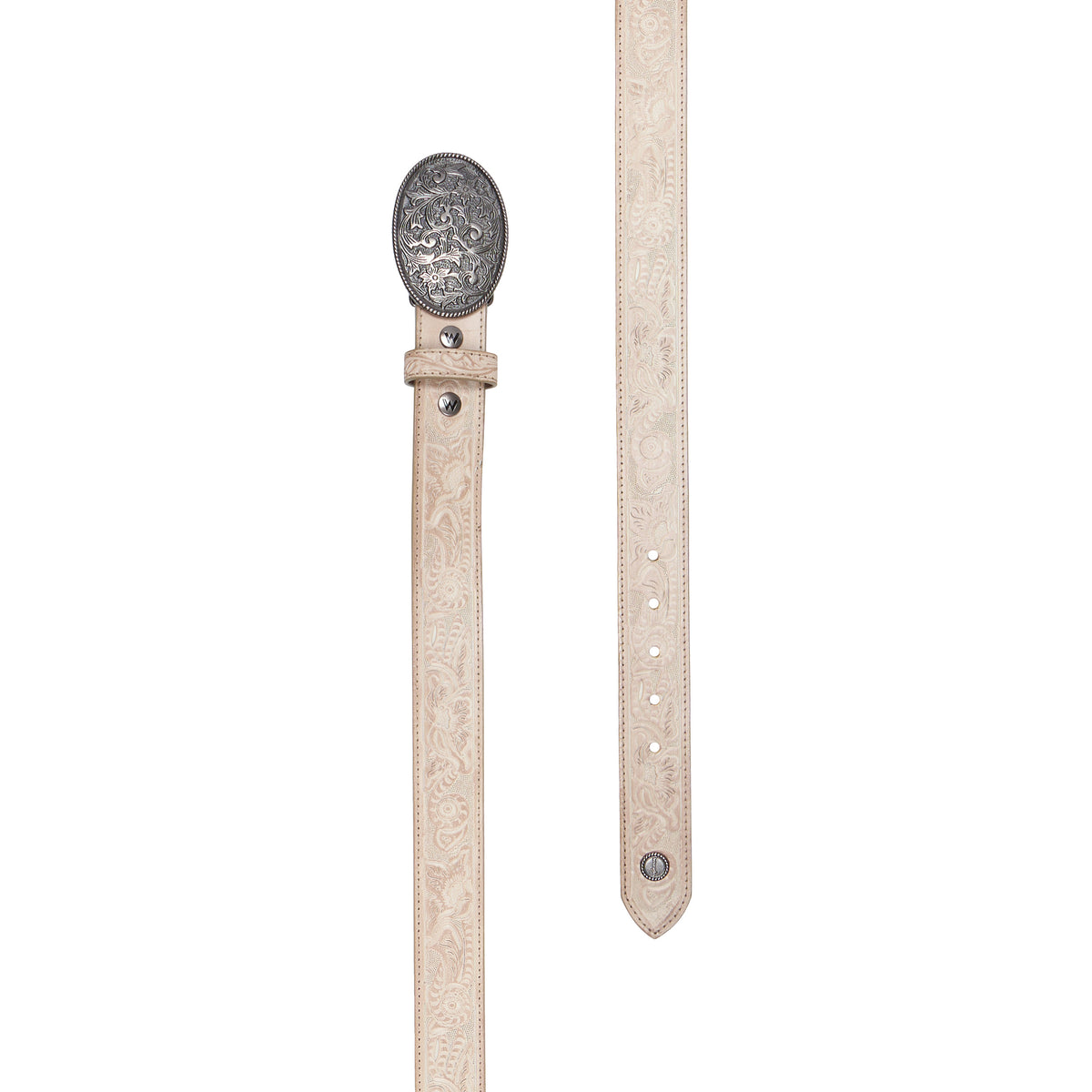 A stone coloured tooled leather Wrangler Zola Belt (XCP2918BLT) with a large, ornate silver toned engraved buckle, laid flat on a white background.
