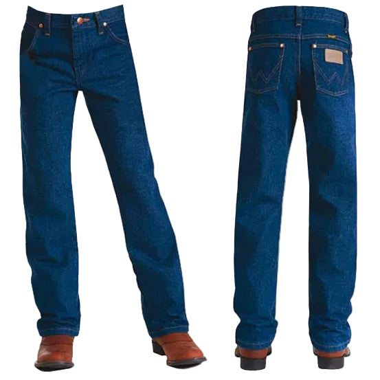 Wrangler Boys Original ProRodeo Regular Fit Jeans (13MWZBPREG) Prewashed Indigo shown in ghost image from front and back on a white background.