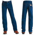 Wrangler Boys Original ProRodeo Regular Fit Jeans (13MWZBPREG) Prewashed Indigo shown in ghost image from front and back on a white background.