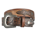 A coiled dark tan Wrangler Men's Clarke Belt (XCP1994BLT)  on a white background.