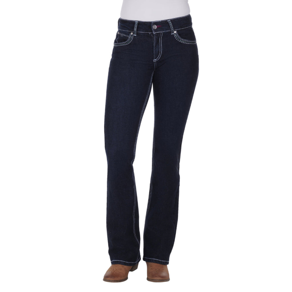 Dark blue denim Wrangler Women's Mid Rise Booty Up Jeans, 34 Leg (XCP2246592) Jewel Blue shown on a model from the waist down, paired with a white top and brown boots, against a plain white background.