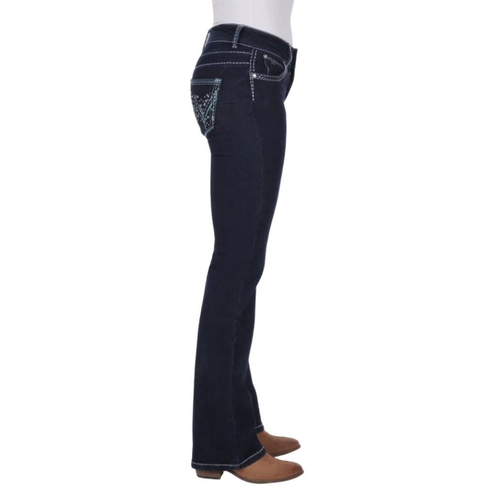 Dark blue Wrangler Women's Mid Rise Booty Up Jeans, 34 Leg (XCP2246592) Jewel Blue with decorative pocket stitching and metallic accents shown in a side view on a white background