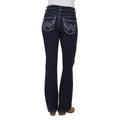 Dark blue Wrangler Women's Mid Rise Booty Up Jeans, 34 Leg (XCP2246592) Jewel Blue with decorative pocket stitching and metallic accents on a white background