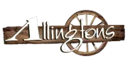 Logo with the word "Allingtons" in white script over a wooden plank background, featuring a wagon wheel behind the letters "t" and "o.