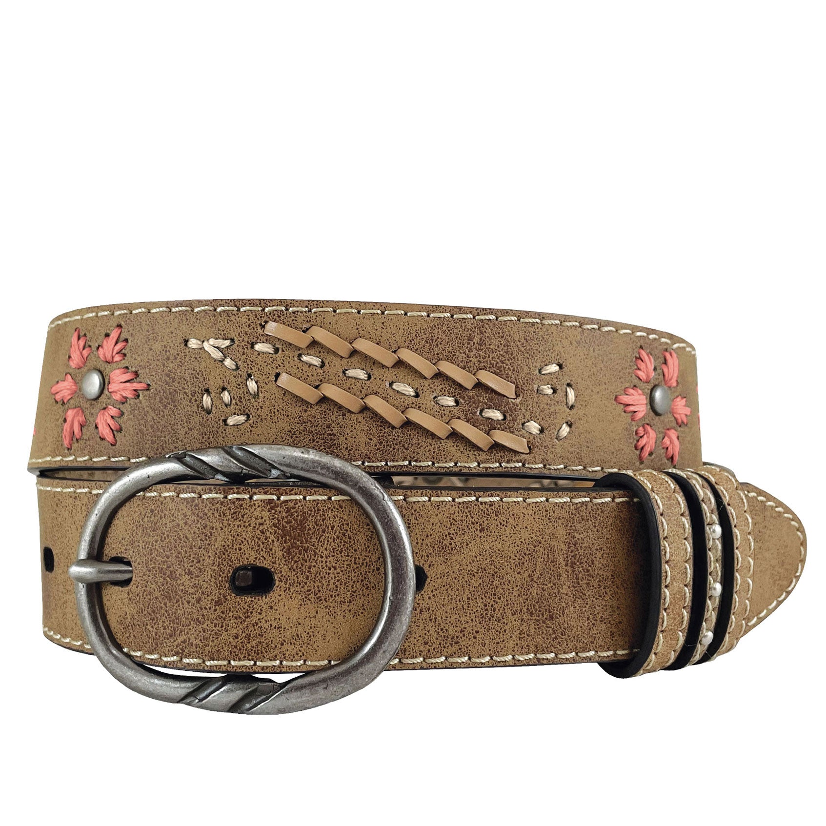 Roper Girls Embroidered Flowers and Lacing Tan Leather Belt (9716300) Tan