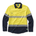 The FXD Mens LSH-4T Vented Tech Hi-Vis L/S Work Shirt (FX02504010) in yellow offers a hi-vis yellow upper, navy lower half and sleeves, twin reflective stripes, vented tech for breathability, chest pocket, and signature FXD branding.
