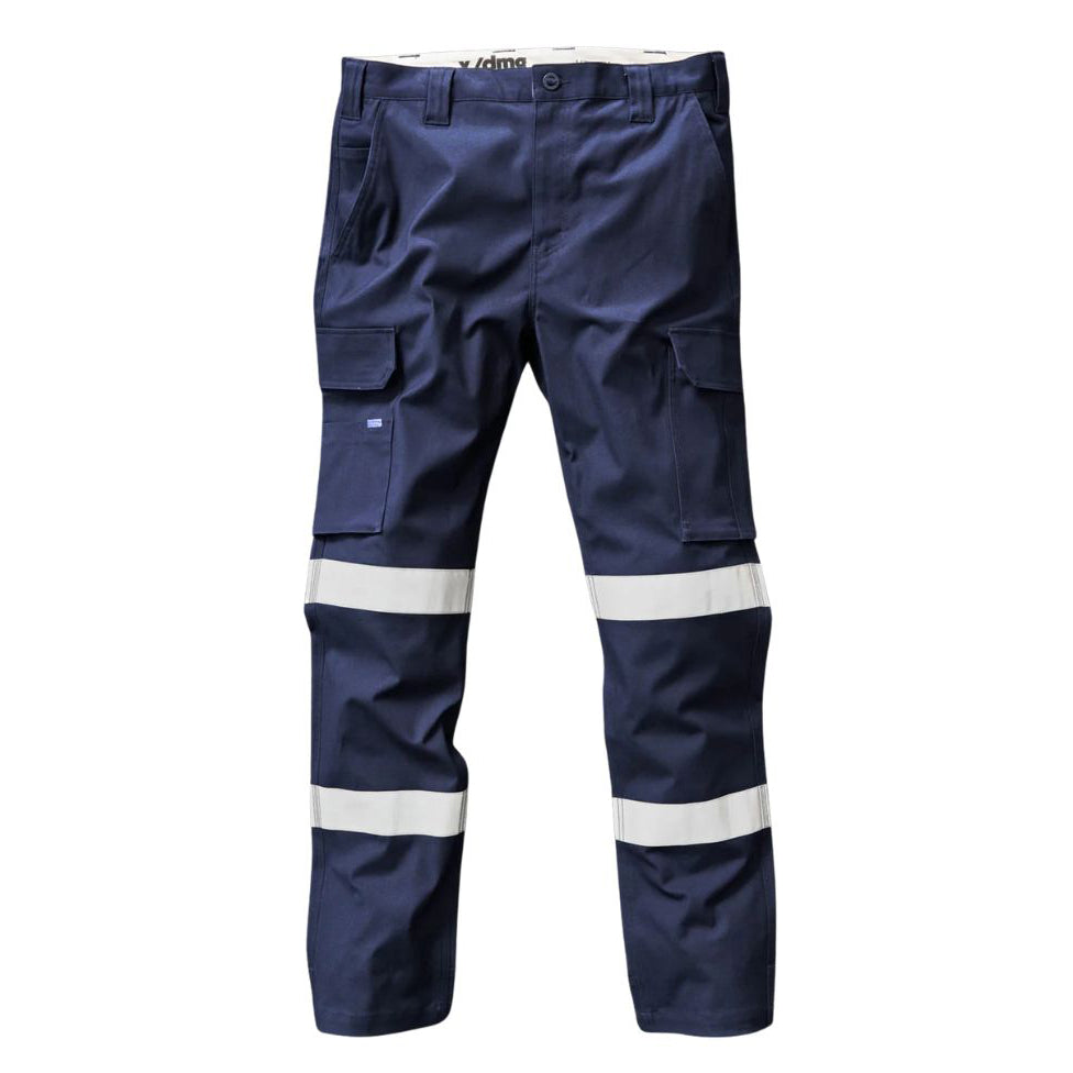 A flat lay of a pair of navy blue x/dmg Men's UP-1T Cargo Taped Work Pants (XU02506025) with reflective tape on the lower legs, shown against a plain white background.