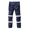 A flat lay of a pair of navy blue x/dmg Men's UP-1T Cargo Taped Work Pants (XU02506025) with reflective tape on the lower legs, shown against a plain white background.