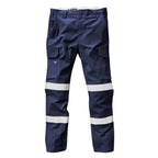 A flat lay of a pair of navy blue x/dmg Men's UP-1T Cargo Taped Work Pants (XU02506025) with reflective tape on the lower legs, shown against a plain white background.